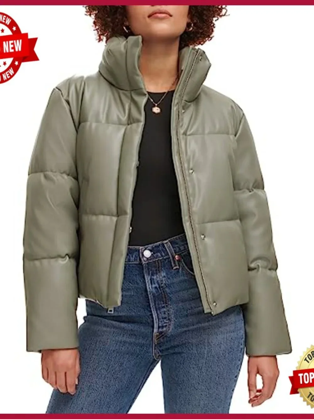 Women's Vegan Leather Quilted Puffer Jacket Water Resistant Cropped